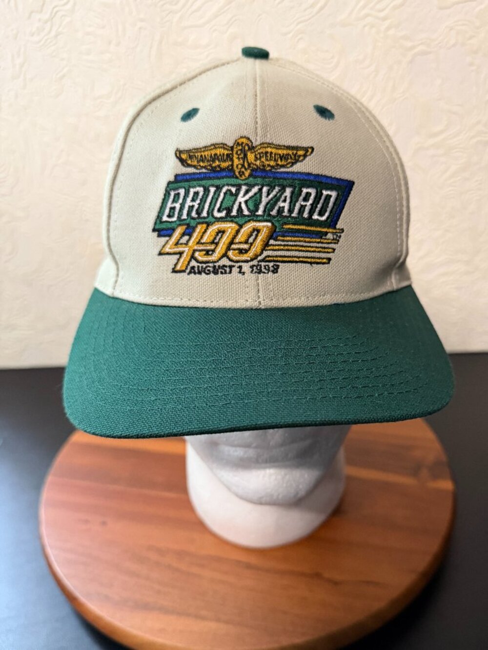 Vintage Brickyard 400 Hat Cream Green Snap Back Outdoor Cap Deadstock 90s 1998